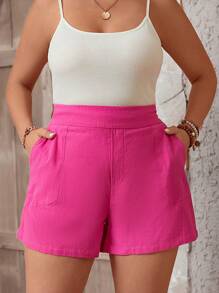 SHEIN VCAY Plus Solid Slant Pocket Shorts - Hot Pink - View 3