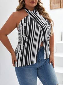 SHEIN Privé Hơn In sọc Crisscross Halter Neck Không lưng Áo sơ mi - Đen và trắng - Xem 5