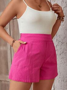SHEIN VCAY Plus Solid Slant Pocket Shorts - Hot Pink - View 5