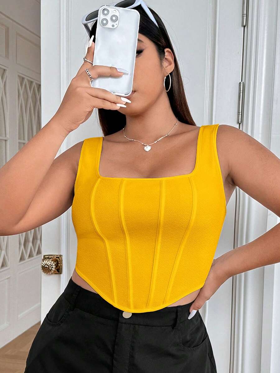 SHEIN EZwear 大碼素色方領背心上衣 - 黃色 - 查看 1