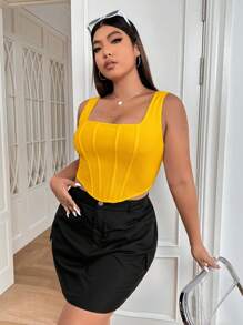 SHEIN EZwear 大碼素色方領背心上衣 - 黃色 - 查看 6