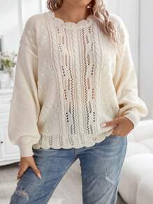 Celure Plus Pointelle Knit Drop Shoulder Sweater Knit Pullover Fall Winter Sweater - Apricot - View 1