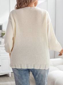 Celure Plus Pointelle Knit Drop Shoulder Sweater Knit Pullover Fall Winter Sweater - Apricot - View 2