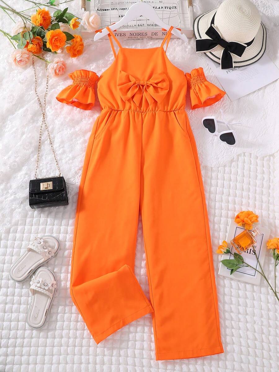 cô gái mười hai Vai lạnh Nơ mặt trước tay áo lá sen Áo liền quần - trái cam - Xem 1