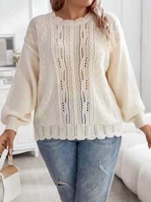 Celure Plus Pointelle Knit Drop Shoulder Sweater Knit Pullover Fall Winter Sweater - Apricot - View 4