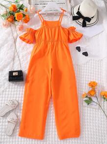 cô gái mười hai Vai lạnh Nơ mặt trước tay áo lá sen Áo liền quần - trái cam - Xem 2