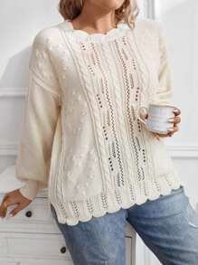 Celure Plus Pointelle Knit Drop Shoulder Sweater Knit Pullover Fall Winter Sweater - Apricot - View 5