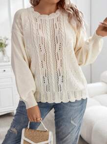 Celure Plus Pointelle Knit Drop Shoulder Sweater Knit Pullover Fall Winter Sweater - Apricot - View 6