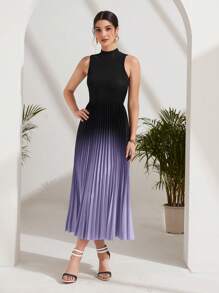 Modelyn Ombre Pleated Hem Mock Neck Dress - Purple - View 3