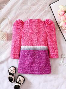 女嬰滿版印花泡泡袖連衣裙 - 玫紅色 - 查看 2