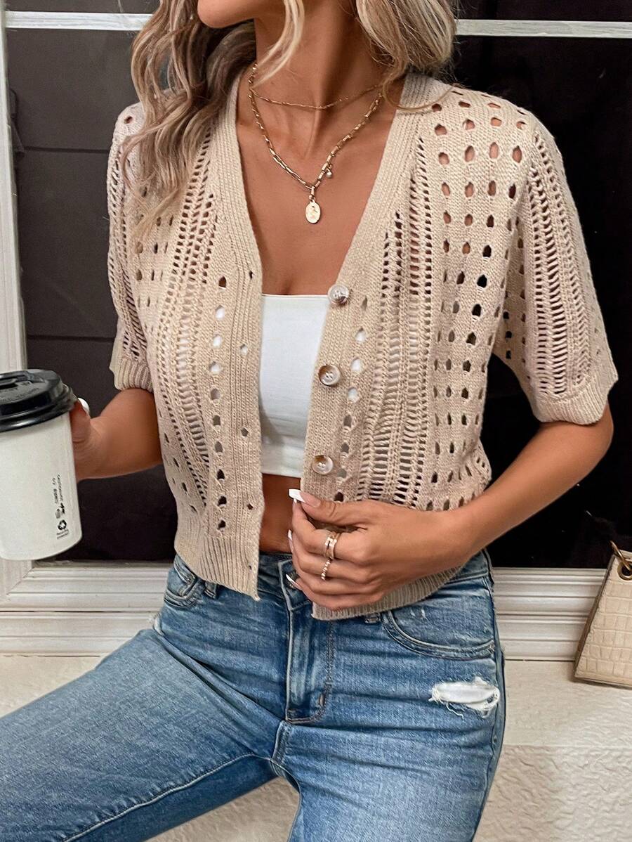 SHEIN Frenchy Xu hướng: Cắt giảm Nút phía trước Đan Mở Áo - Màu Khaki - Xem 1