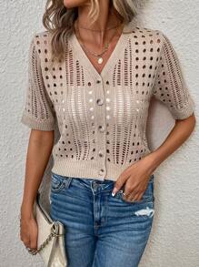 SHEIN Frenchy Xu hướng: Cắt giảm Nút phía trước Đan Mở Áo - Màu Khaki - Xem 4