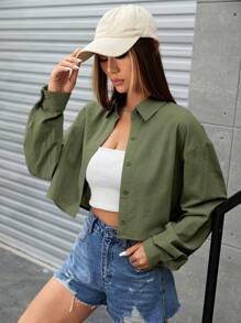 SHEIN EZwear 1pc Drop Shoulder Button Front Crop Shirt - Army Green - View 1