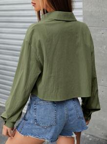 SHEIN EZwear 1pc Drop Shoulder Button Front Crop Shirt - Army Green - View 2