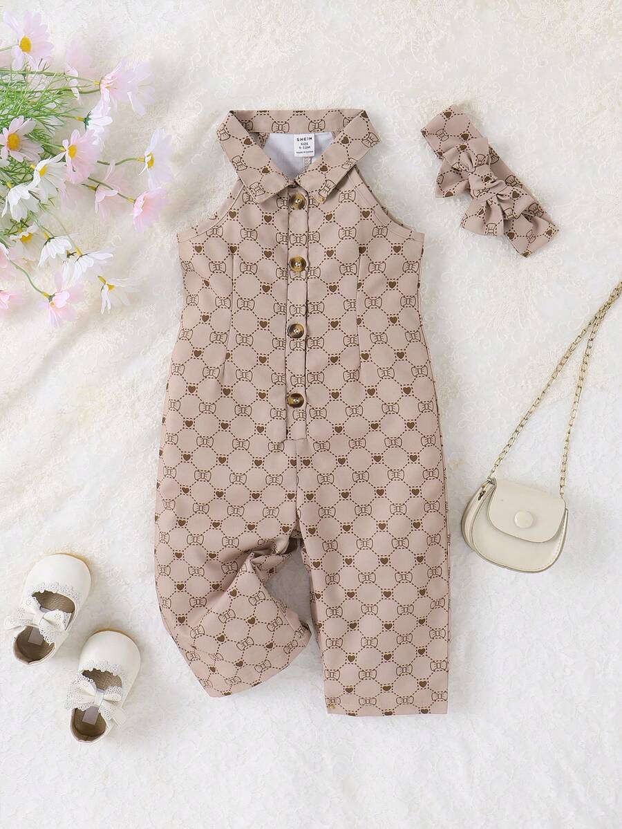 Baby Girl Allover Print Button Front Shirt Jumpsuit & Headband - Khaki - View 1