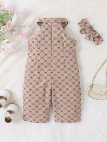 Baby Girl Allover Print Button Front Shirt Jumpsuit & Headband - Khaki - View 2