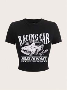 SHEIN EZwear 休闲口号和汽车图案圆领短袖修身女式 T 恤，适合夏季 - 黑色 - 查看 3