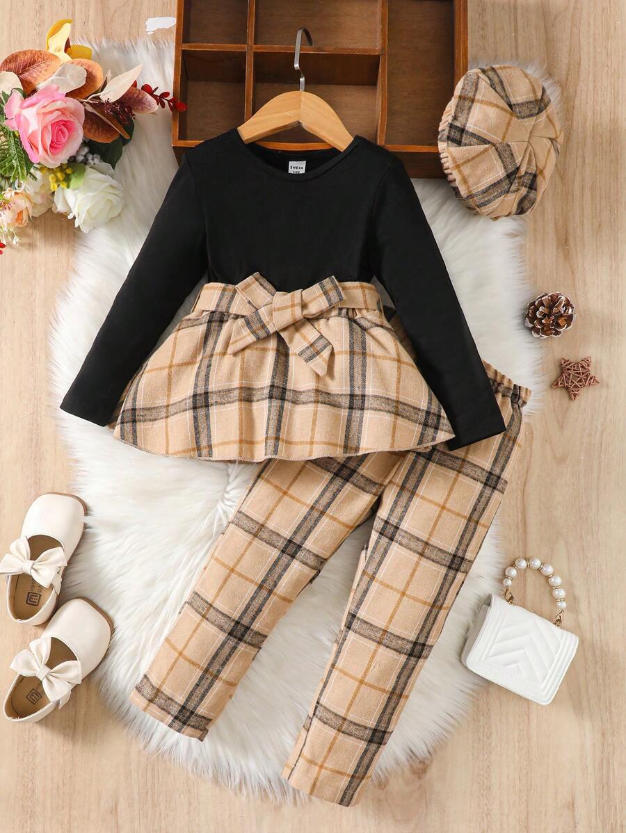 SHEIN 女孩格子拼接長袖上衣長褲帽子套裝