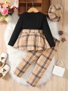 SHEIN 女孩格子拼接長袖上衣長褲帽子套裝