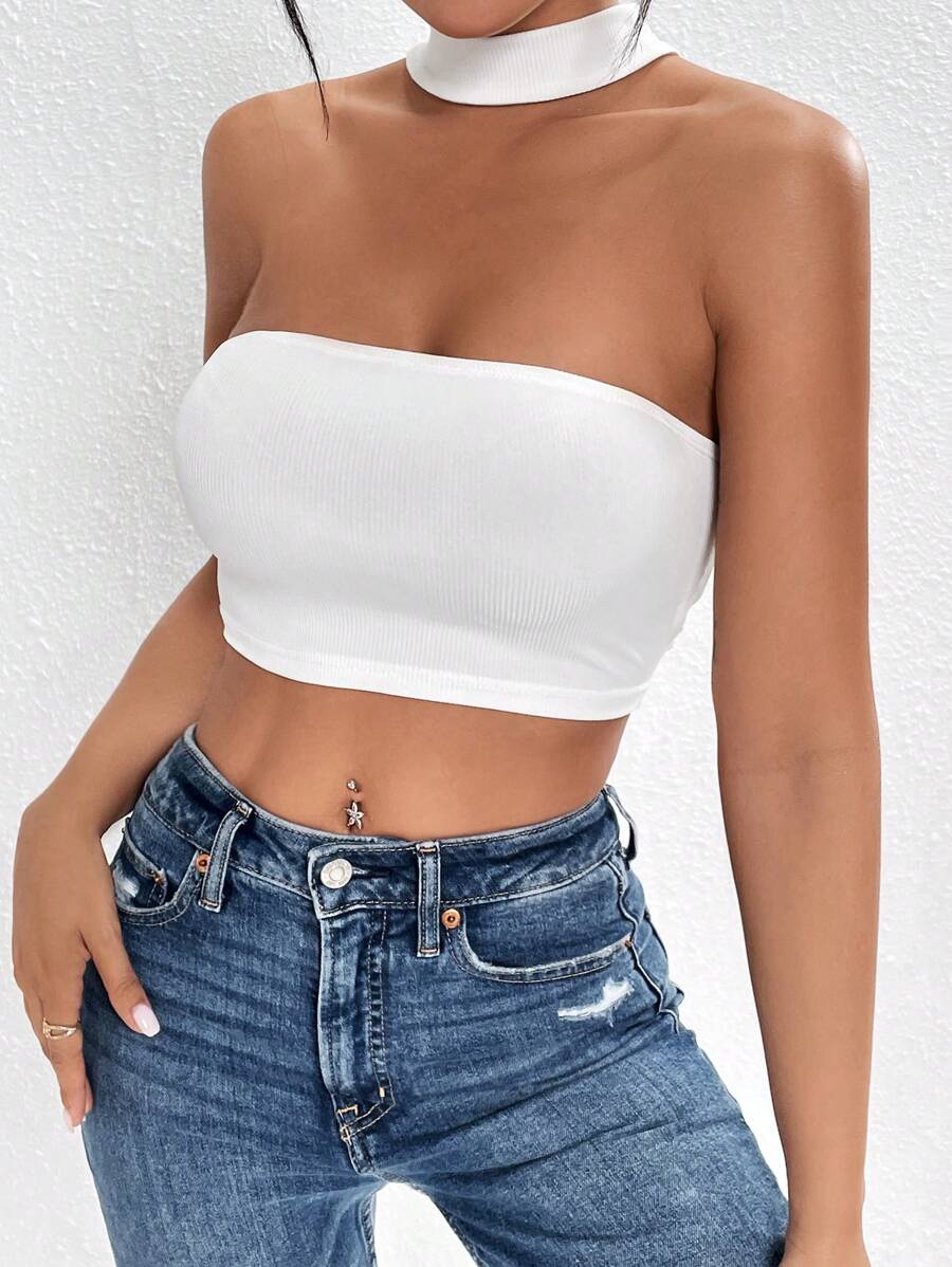 SHEIN PETITE Solid Crop Halter Top - White - View 1
