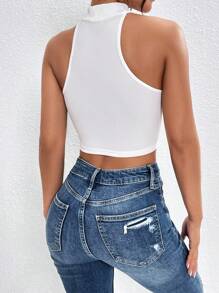 SHEIN PETITE Solid Crop Halter Top - White - View 2