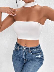 SHEIN PETITE Solid Crop Halter Top - White - View 3
