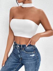 SHEIN PETITE Solid Crop Halter Top - White - View 4