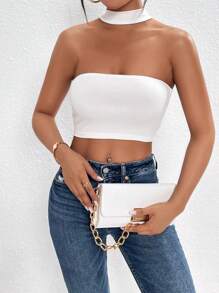 SHEIN PETITE Solid Crop Halter Top - White - View 5