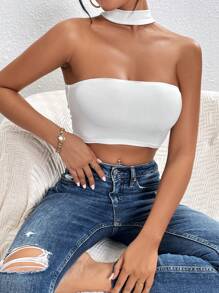 SHEIN PETITE Solid Crop Halter Top - White - View 6