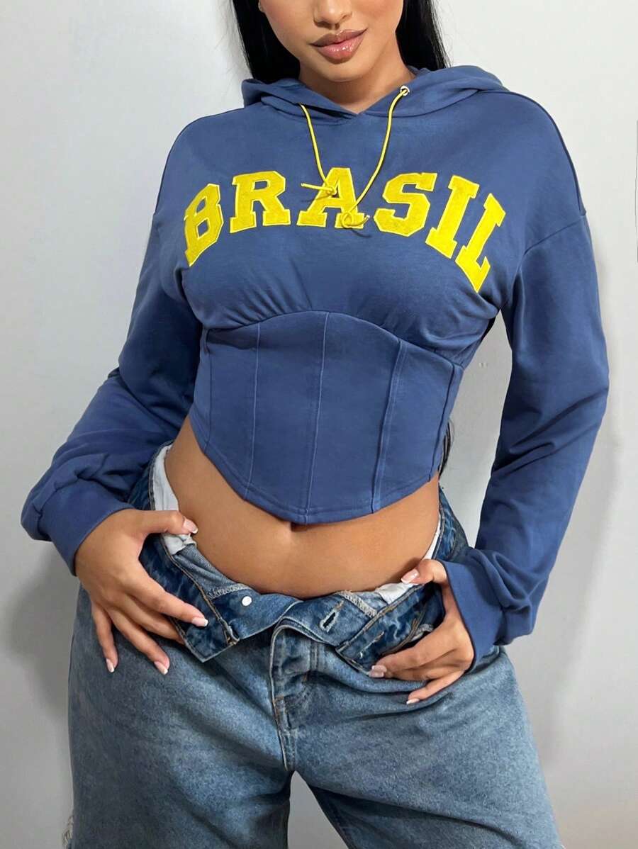 SHEIN SXY 字母圖案落肩袖抽繩連帽衫