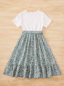 SHEIN 女大童碎花愛心圖案荷葉邊繫腰帶洋裝 - 薄荷綠 - 查看 2