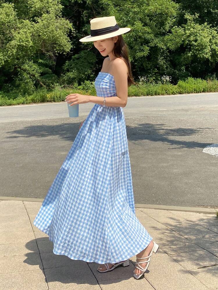 Gingham Print Tube Dress Sundress Vacation Outfits Women Boho