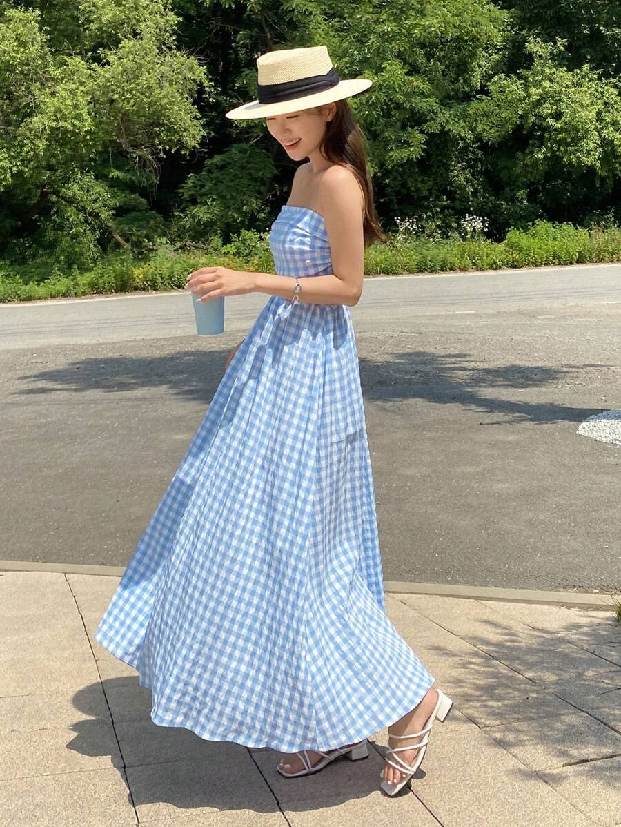DAZY Đầm ống in họa tiết kẻ caro, đầm hè, trang phục đi nghỉ mát cho nữ, phong cách Boho. - Xanh và trắng - Xem 1