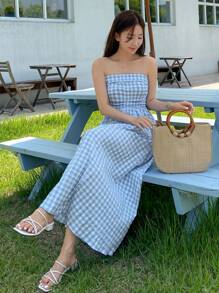 DAZY Đầm ống in họa tiết kẻ caro, đầm hè, trang phục đi nghỉ mát cho nữ, phong cách Boho. - Xanh và trắng - Xem 2