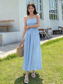 DAZY Đầm ống in họa tiết kẻ caro, đầm hè, trang phục đi nghỉ mát cho nữ, phong cách Boho. - Xanh và trắng - Xem 3