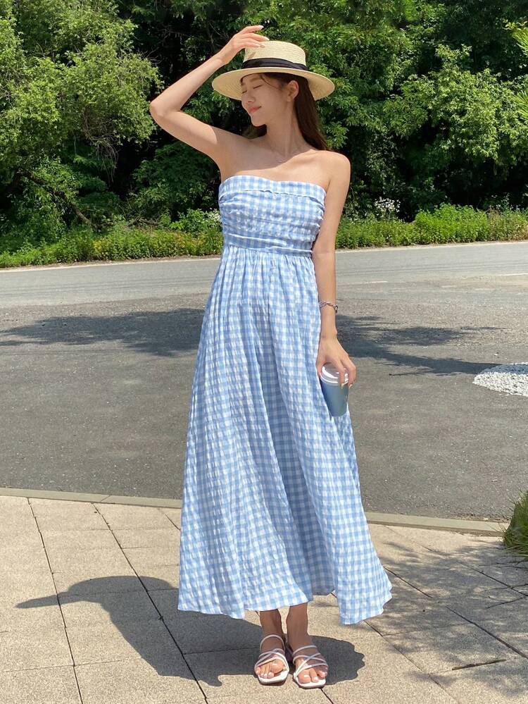 Gingham Print Tube Dress Sundress Vacation Outfits Women Boho