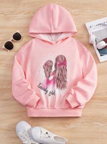SHEIN Cô gái Tween Dệt kim Dài Tóc In Mẫu Áo nỉ có mũ - Màu Hồng baby - Xem 1