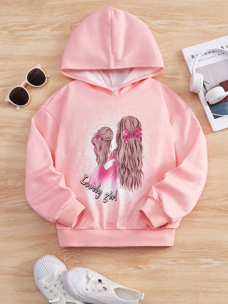 SHEIN Cô gái Tween Dệt kim Dài Tóc In Mẫu Áo nỉ có mũ - Màu Hồng baby - Xem 1