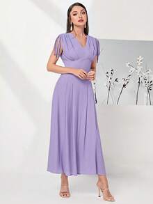 Modelyn Drawstring Shoulder Plicated Detail Dress - Purple - View 5