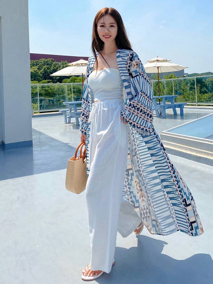 DAZY Geo Print Open Front Kimono Summer,Beach Women Outfits