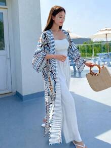 DAZY Geo Print Open Front Kimono Summer,Beach Women Outfits
