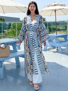 DAZY Geo Print Open Front Kimono Summer,Beach Women Outfits
