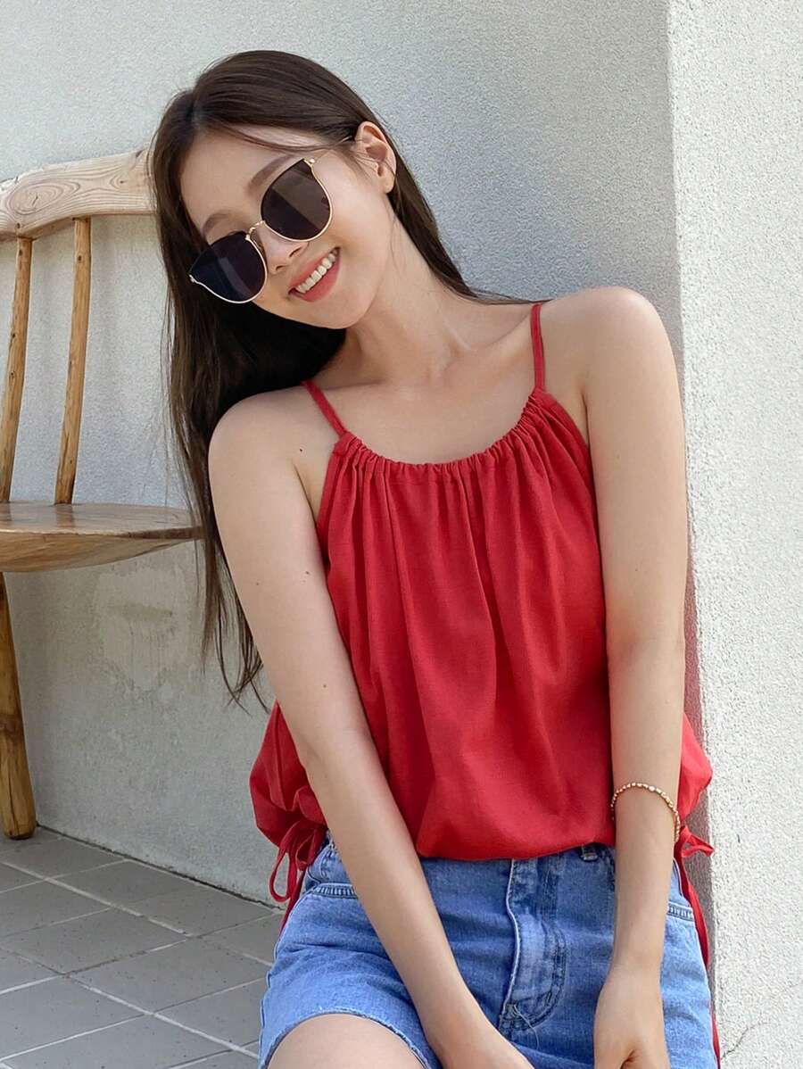 DAZY Chất rắn Bên dây rút Cami ngọn - Đỏ - Xem 1