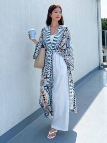 DAZY Geo Print Open Front Kimono Summer,Beach Women Outfits