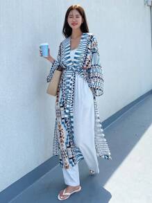 DAZY Geo Print Open Front Kimono Summer,Beach Women Outfits