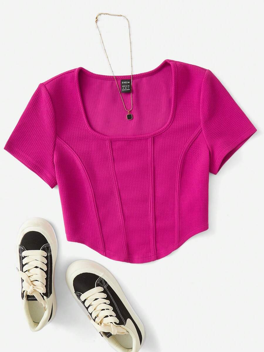 SHEIN EZwear Square Neck Curved Hem Seam Front Tee - Hot Pink - View 1