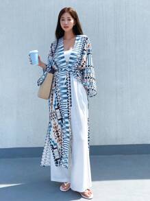 DAZY Geo Print Open Front Kimono Summer,Beach Women Outfits