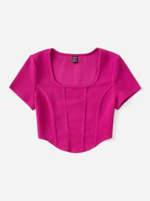 SHEIN EZwear Square Neck Curved Hem Seam Front Tee - Hot Pink - View 3