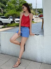 DAZY Chất rắn Bên dây rút Cami ngọn - Đỏ - Xem 8