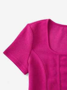 SHEIN EZwear Square Neck Curved Hem Seam Front Tee - Hot Pink - View 4